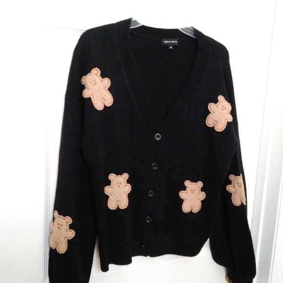 Aqua Blues Black/Tan Bears Cardigan Size Medium - Picture 11 of 13
